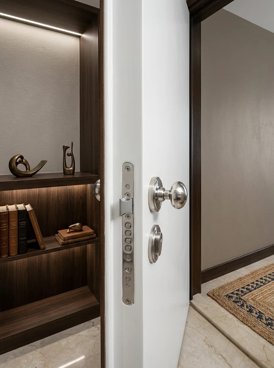 Puerta blindada blanca abierta con pomo cromado y cerradura multipunto