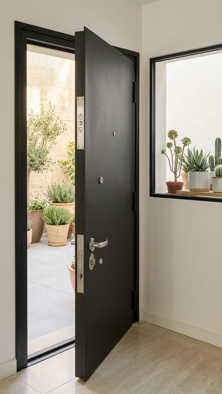 Puerta negra abierta hacia un patio con plantas