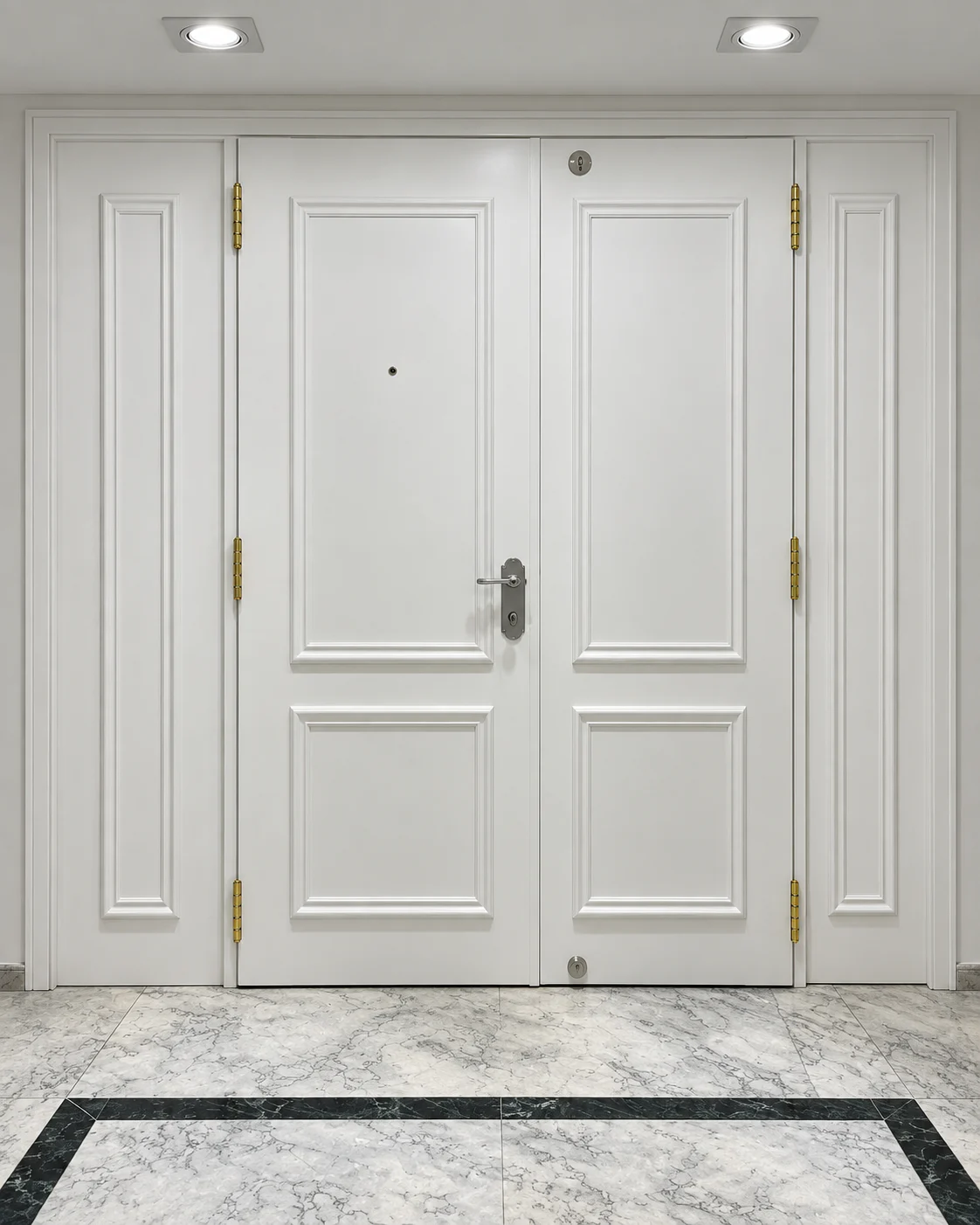 Puerta doble blanca con molduras y laterales