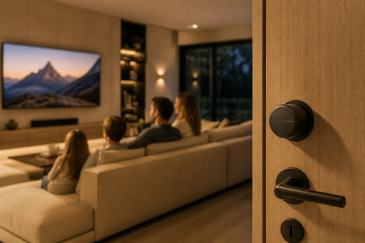 Cerradura inteligente Tedee sobre una puerta de madera junto a un living familiar