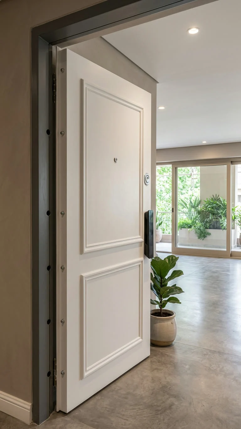 Puerta blanca moldurada abierta hacia un interior luminoso