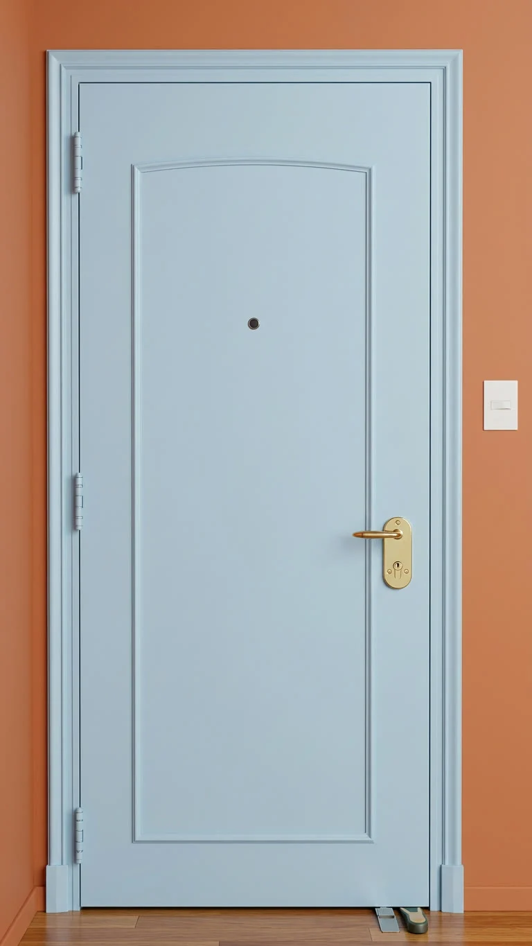 Puerta celeste con molduras sobre una pared terracota