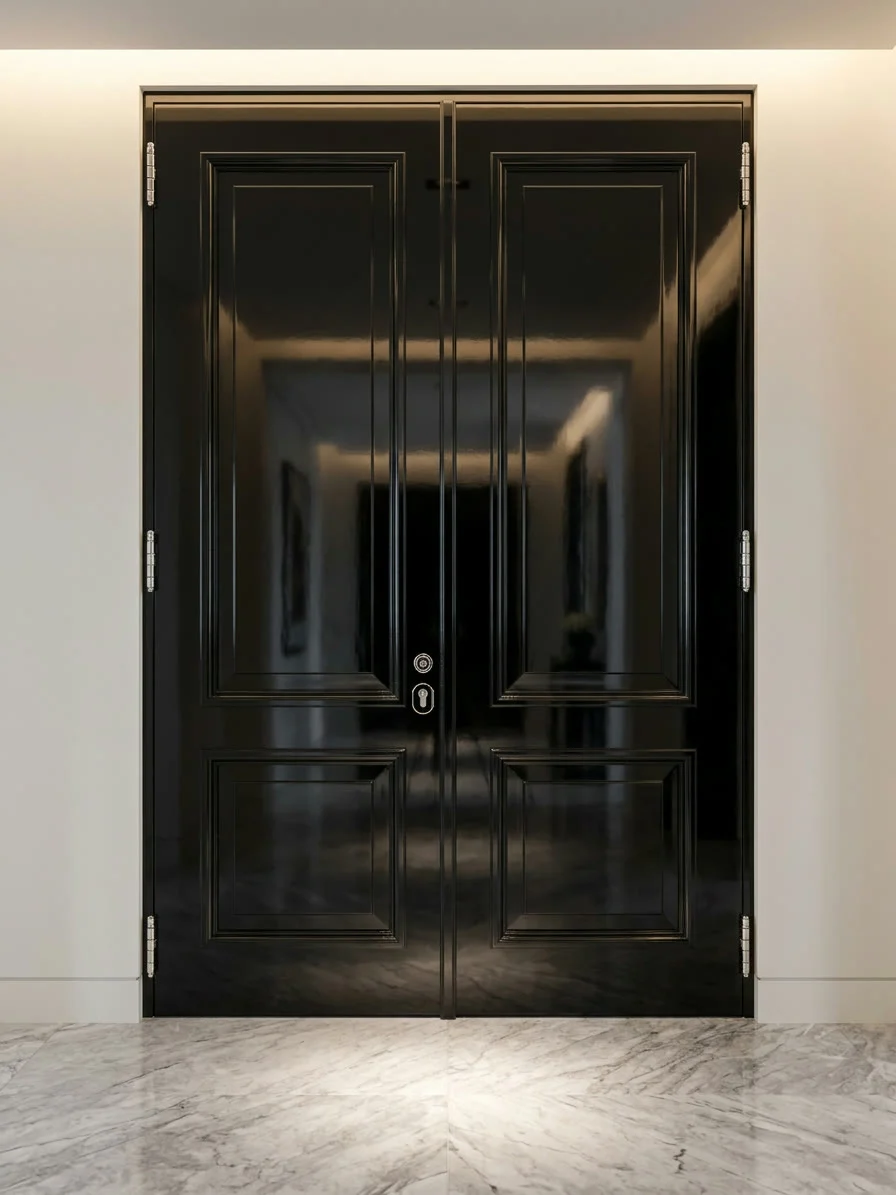 Puerta doble negra con molduras en un hall de mármol