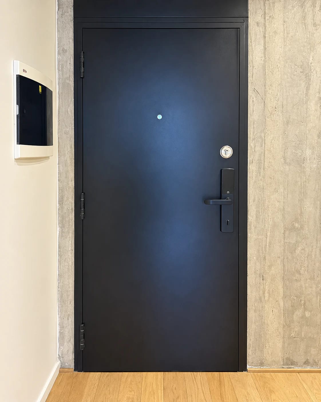 Puerta negra instalada en un departamento real